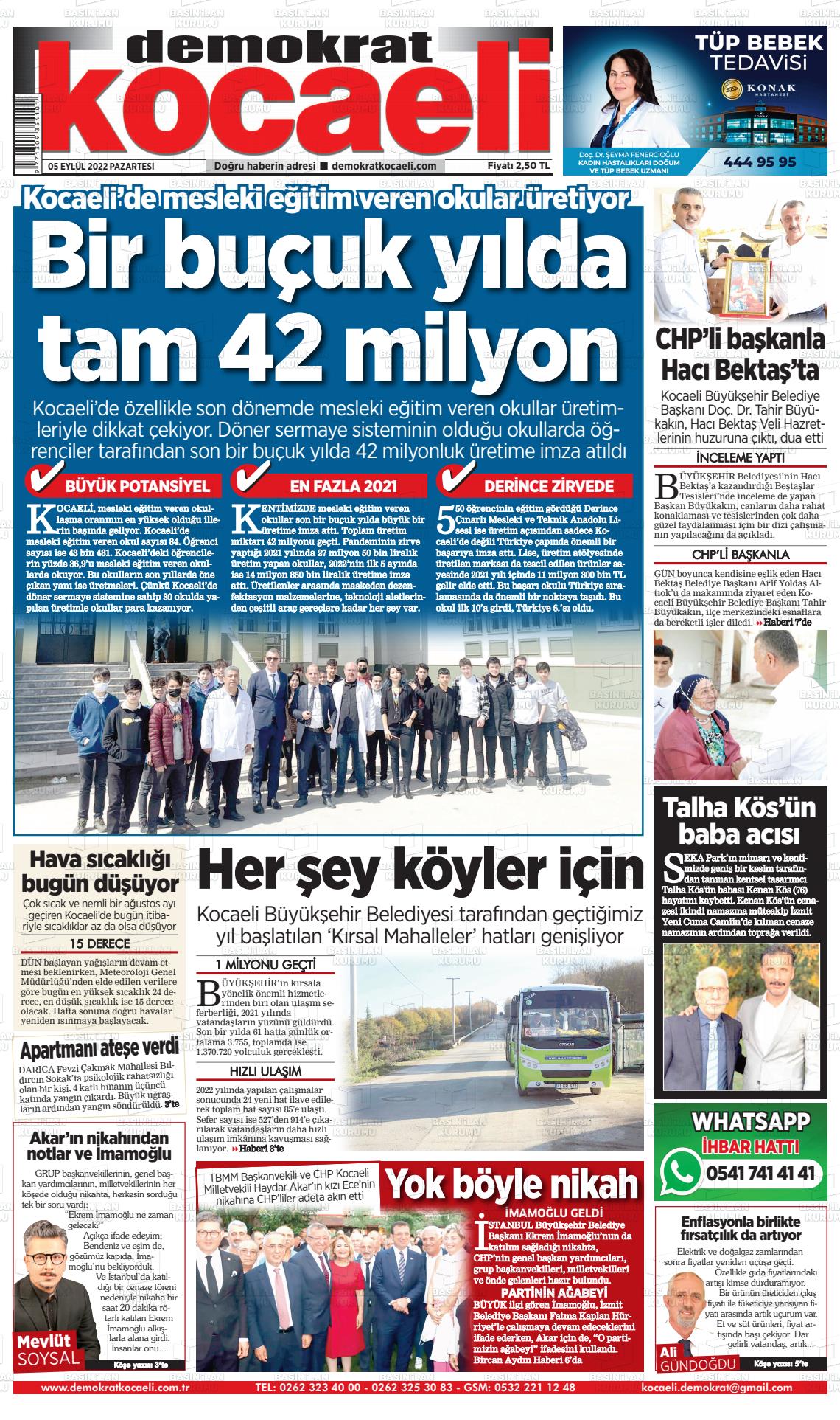 05 Eylül 2022 Demokrat Kocaeli Gazete Manşeti