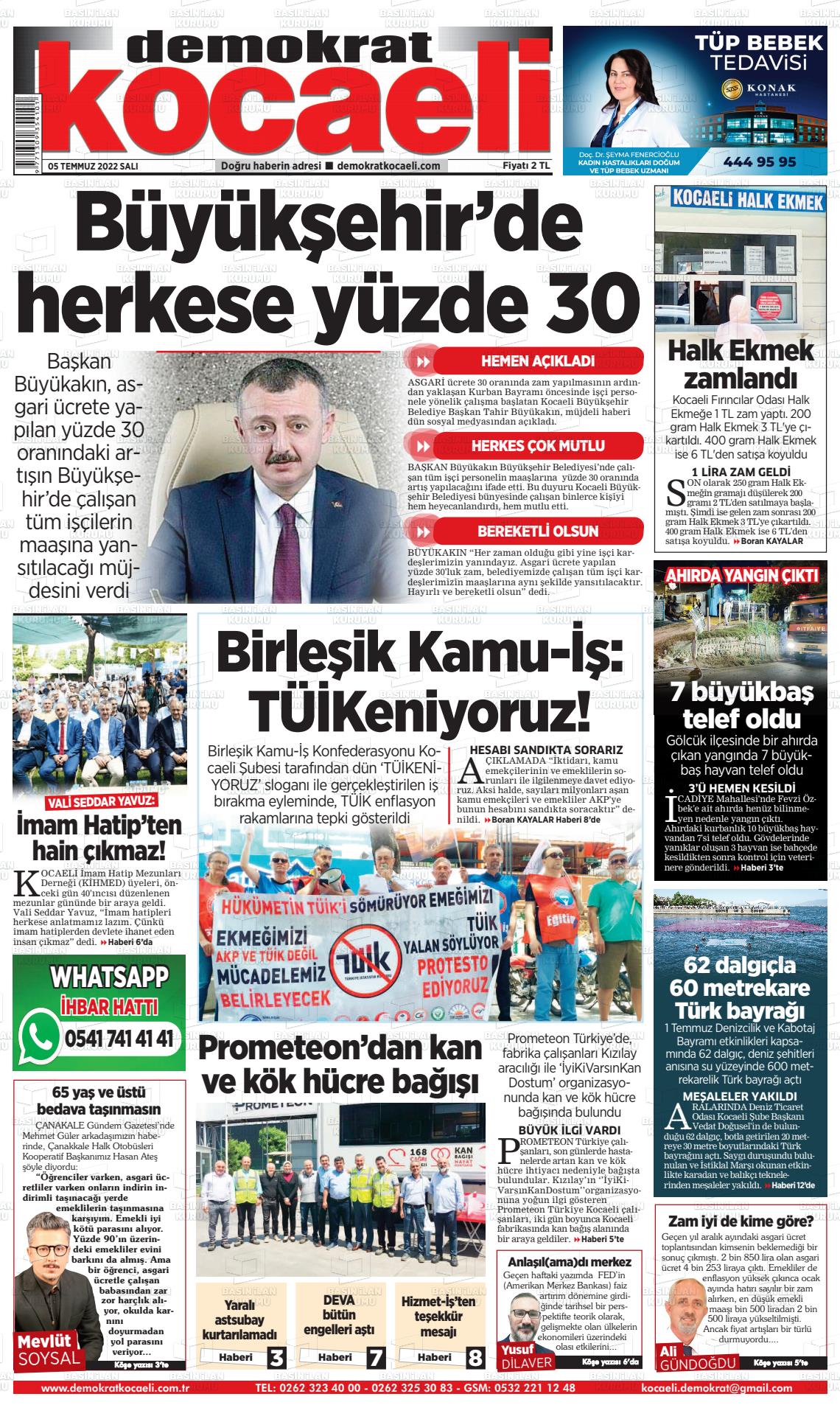 05 Temmuz 2022 Demokrat Kocaeli Gazete Manşeti