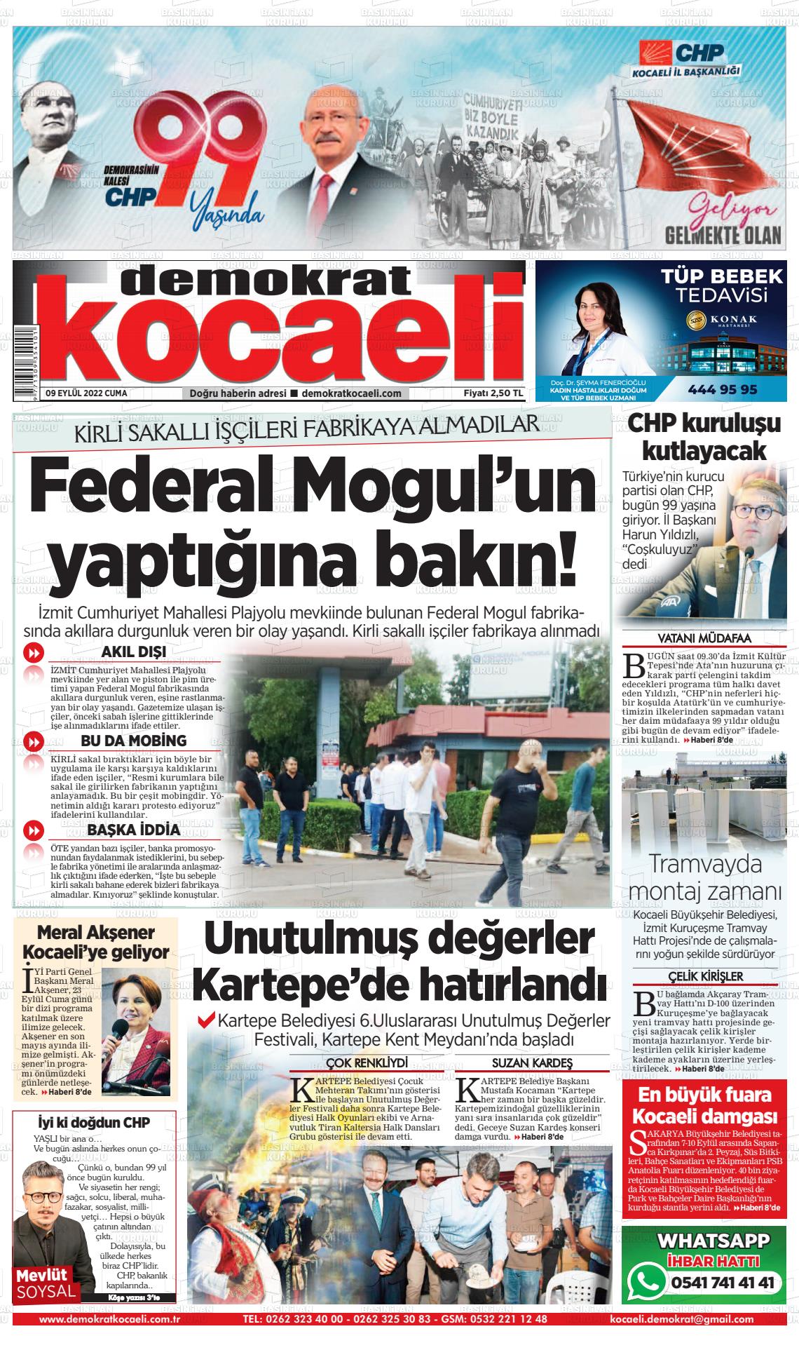 09 Eylül 2022 Demokrat Kocaeli Gazete Manşeti