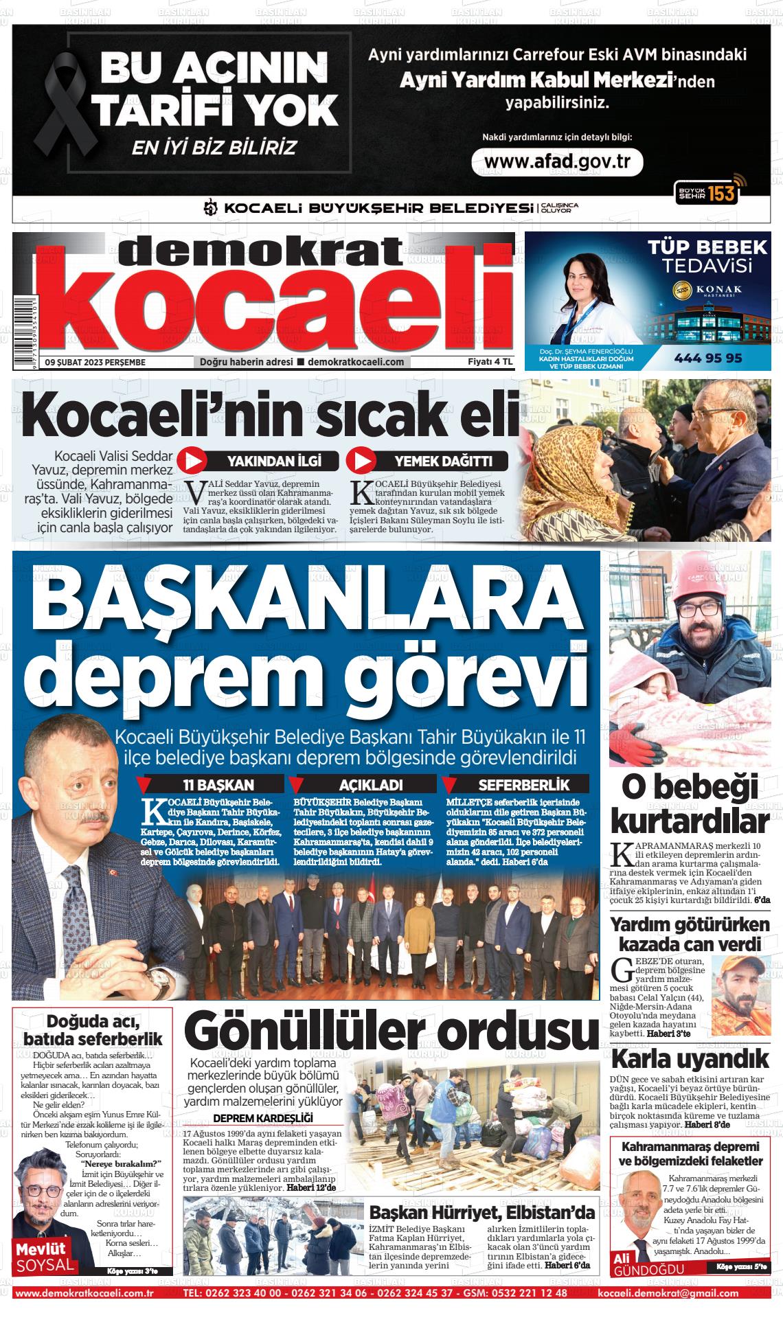 09 Şubat 2023 Demokrat Kocaeli Gazete Manşeti