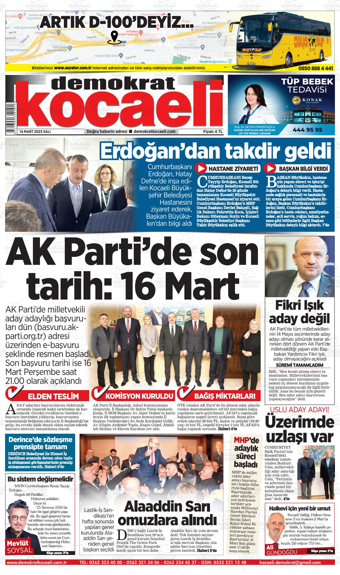 14 Mart 2023 Demokrat Kocaeli Gazete Manşeti