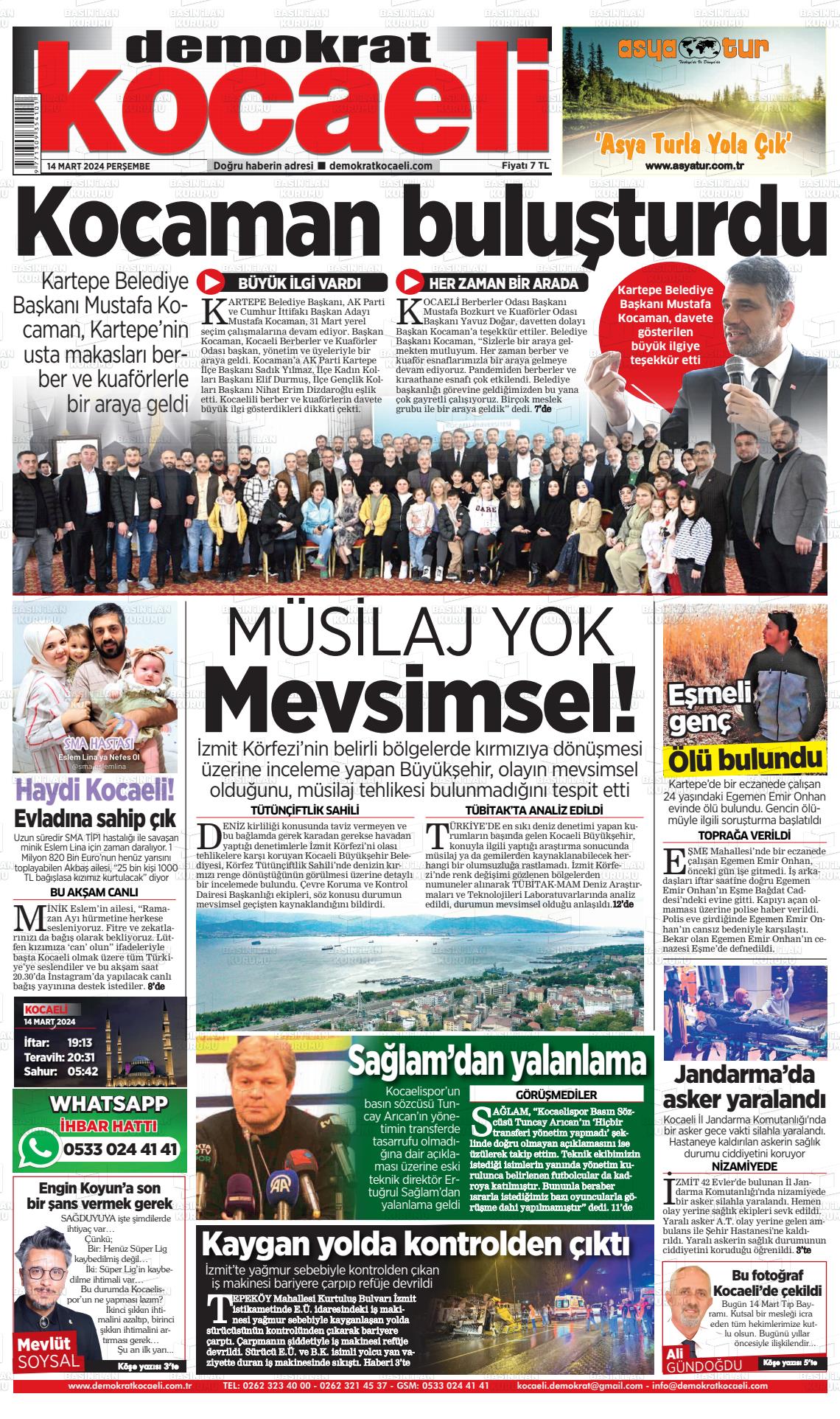 14 Mart 2024 Demokrat Kocaeli Gazete Manşeti