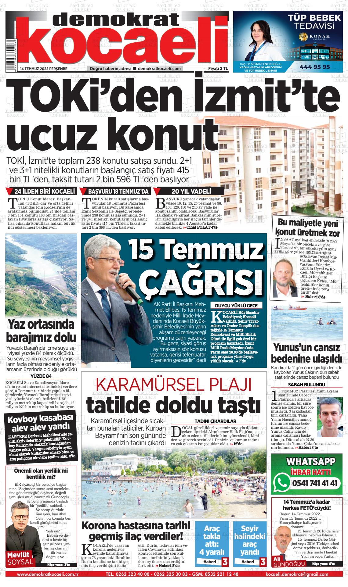 14 Temmuz 2022 Demokrat Kocaeli Gazete Manşeti