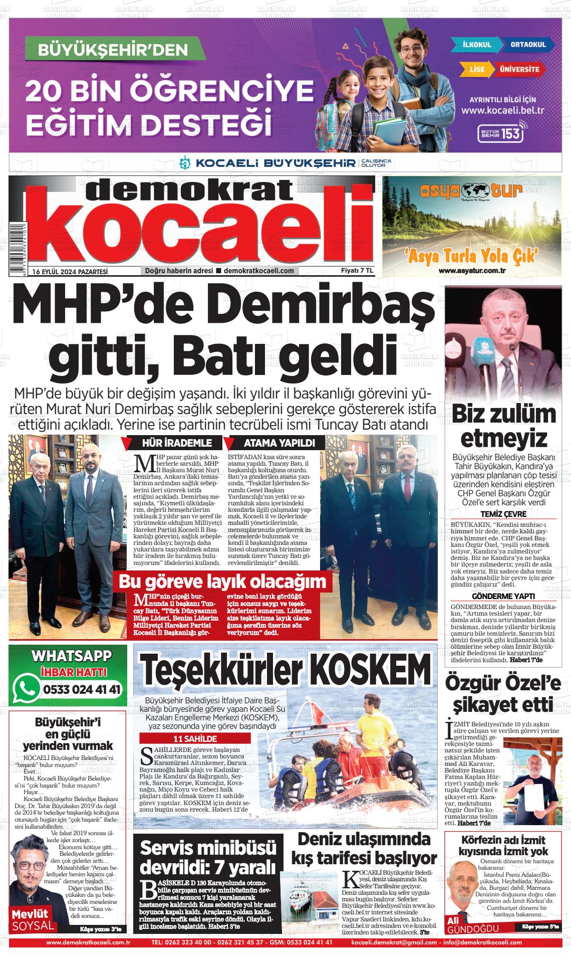 16 Eylül 2024 Demokrat Kocaeli Gazete Manşeti