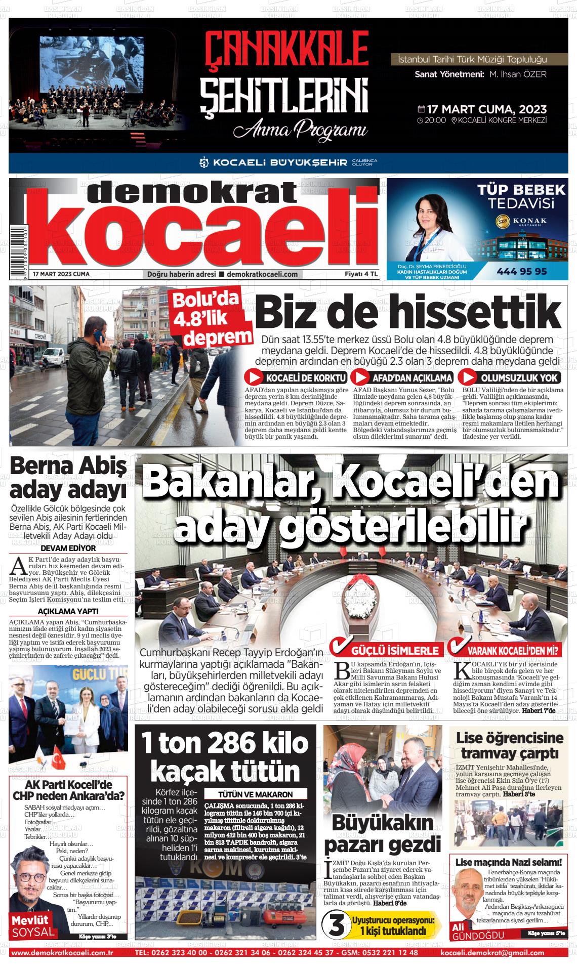 17 Mart 2023 Demokrat Kocaeli Gazete Manşeti