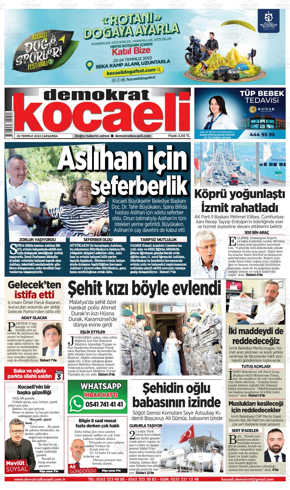 20 Temmuz 2022 Demokrat Kocaeli Gazete Manşeti