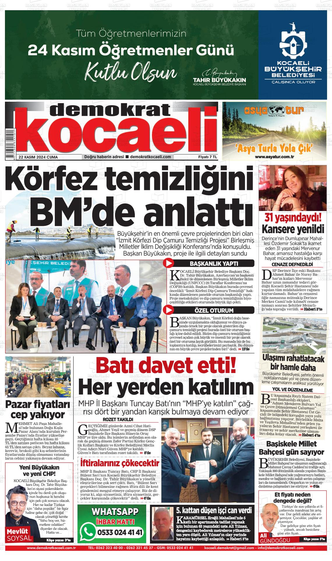 22 Kasım 2024 Demokrat Kocaeli Gazete Manşeti