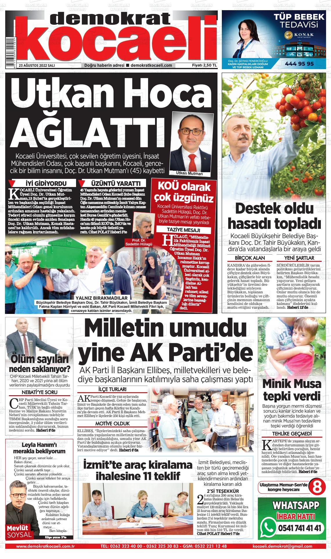 23 Ağustos 2022 Demokrat Kocaeli Gazete Manşeti