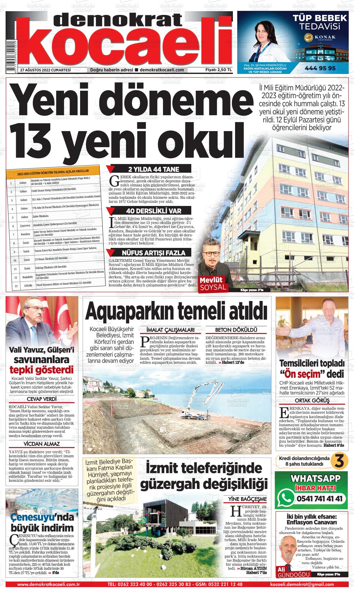 27 Ağustos 2022 Demokrat Kocaeli Gazete Manşeti