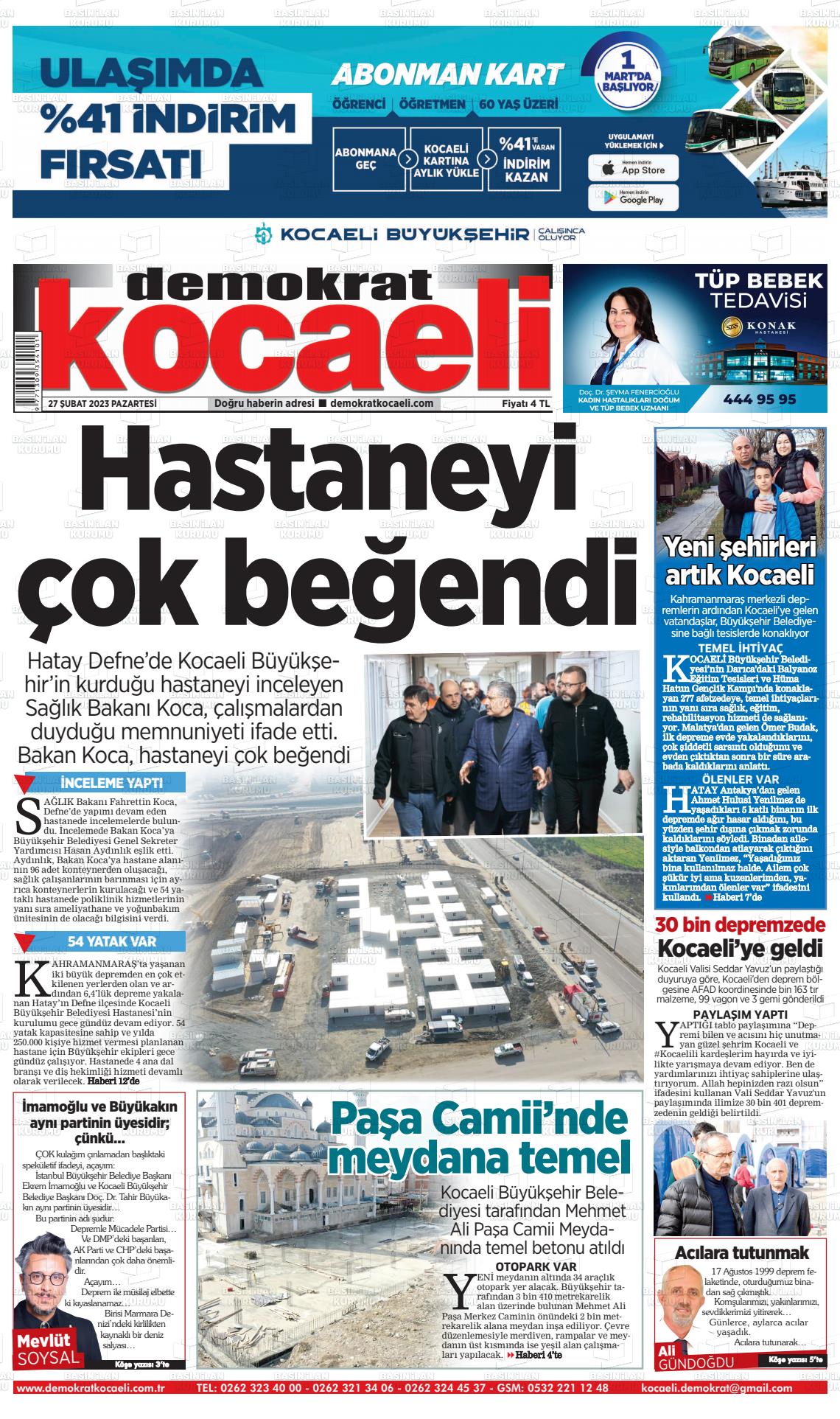 27 Şubat 2023 Demokrat Kocaeli Gazete Manşeti