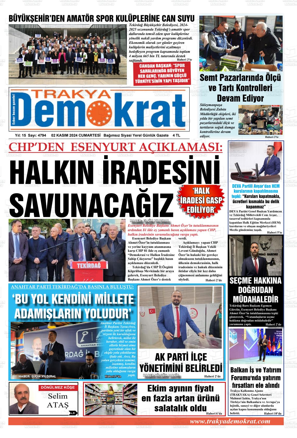 02 Kasım 2024 Demokrat Trakya Gazete Manşeti