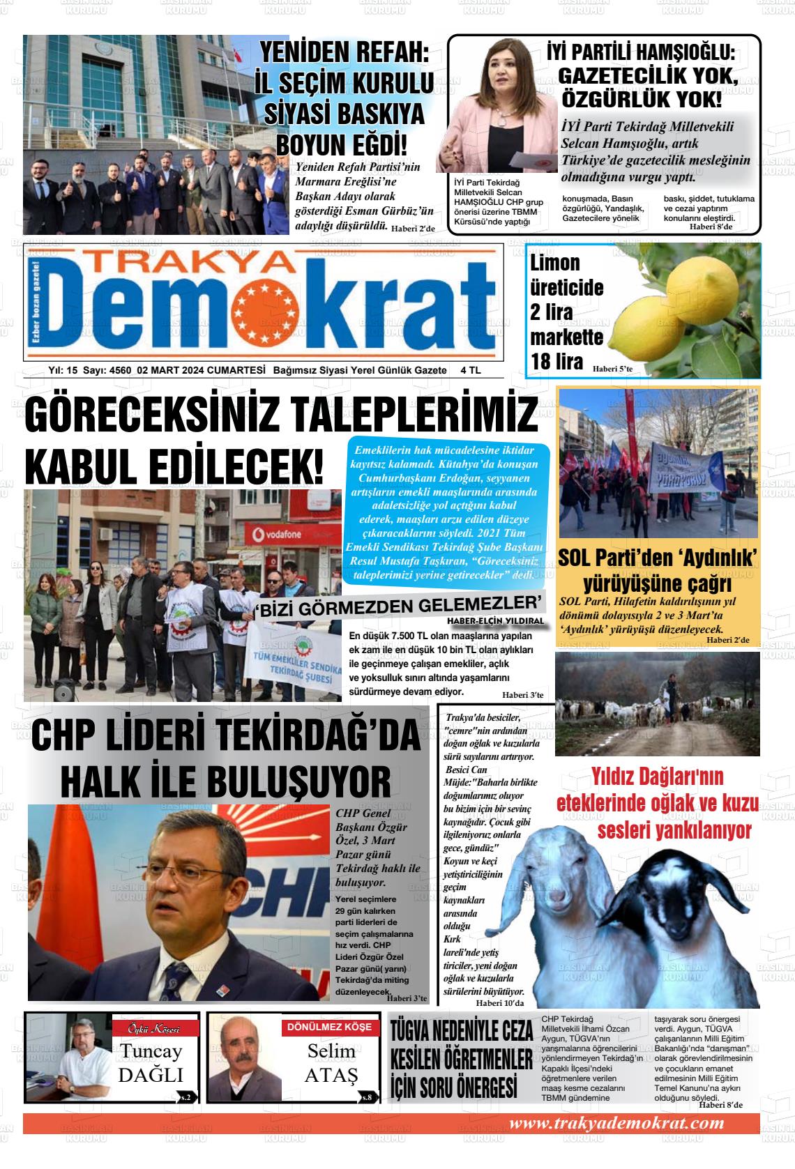 02 Mart 2024 Demokrat Trakya Gazete Manşeti