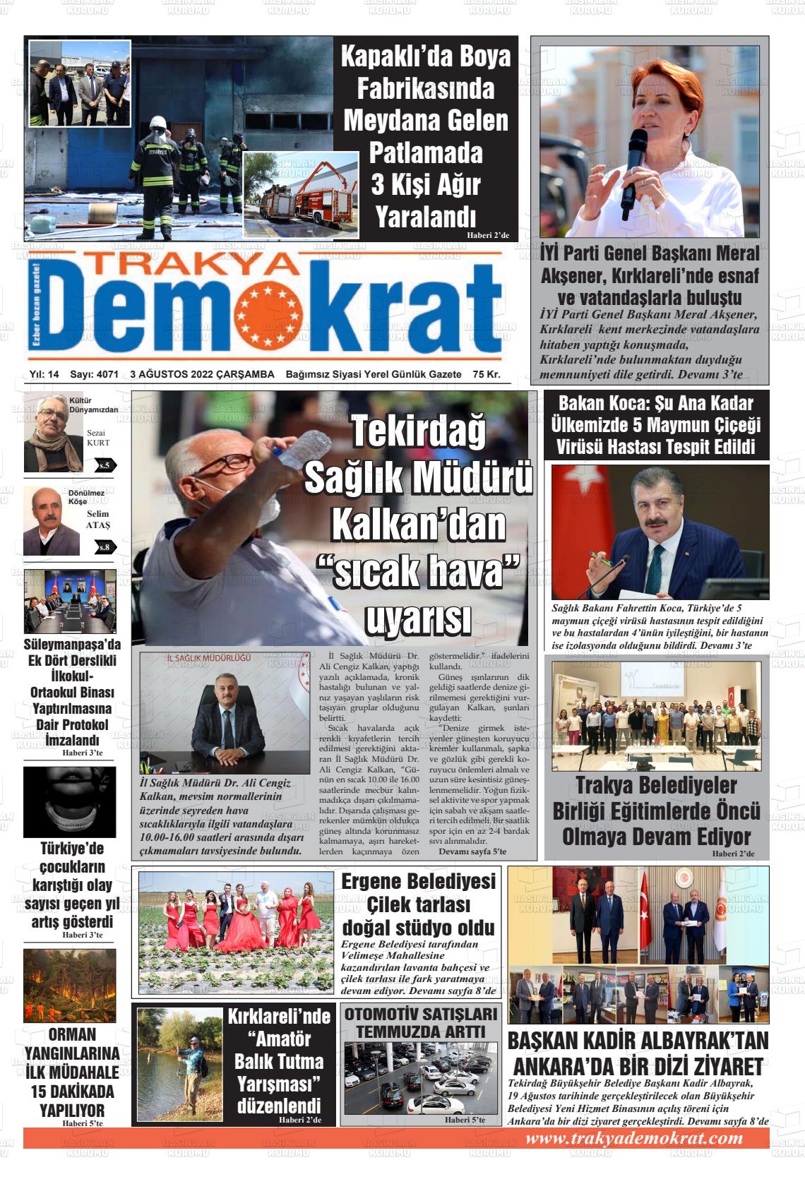 03 Ağustos 2022 Demokrat Trakya Gazete Manşeti