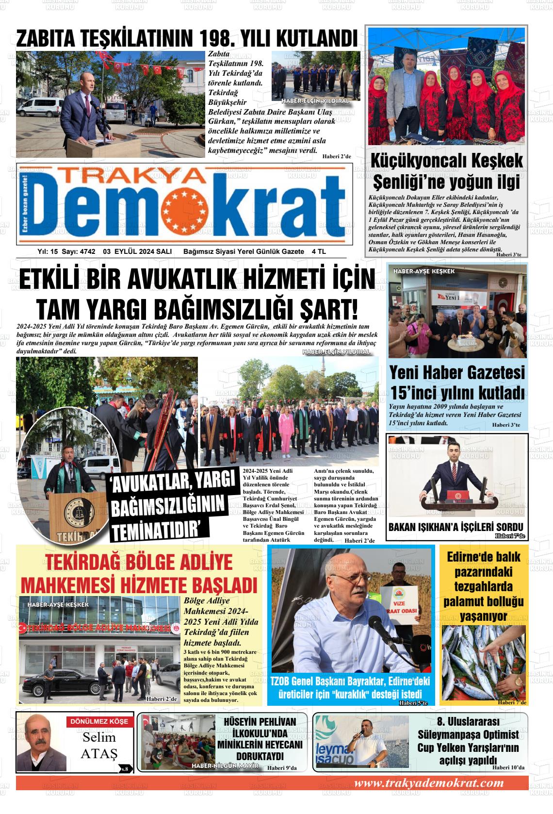 03 Eylül 2024 Demokrat Trakya Gazete Manşeti