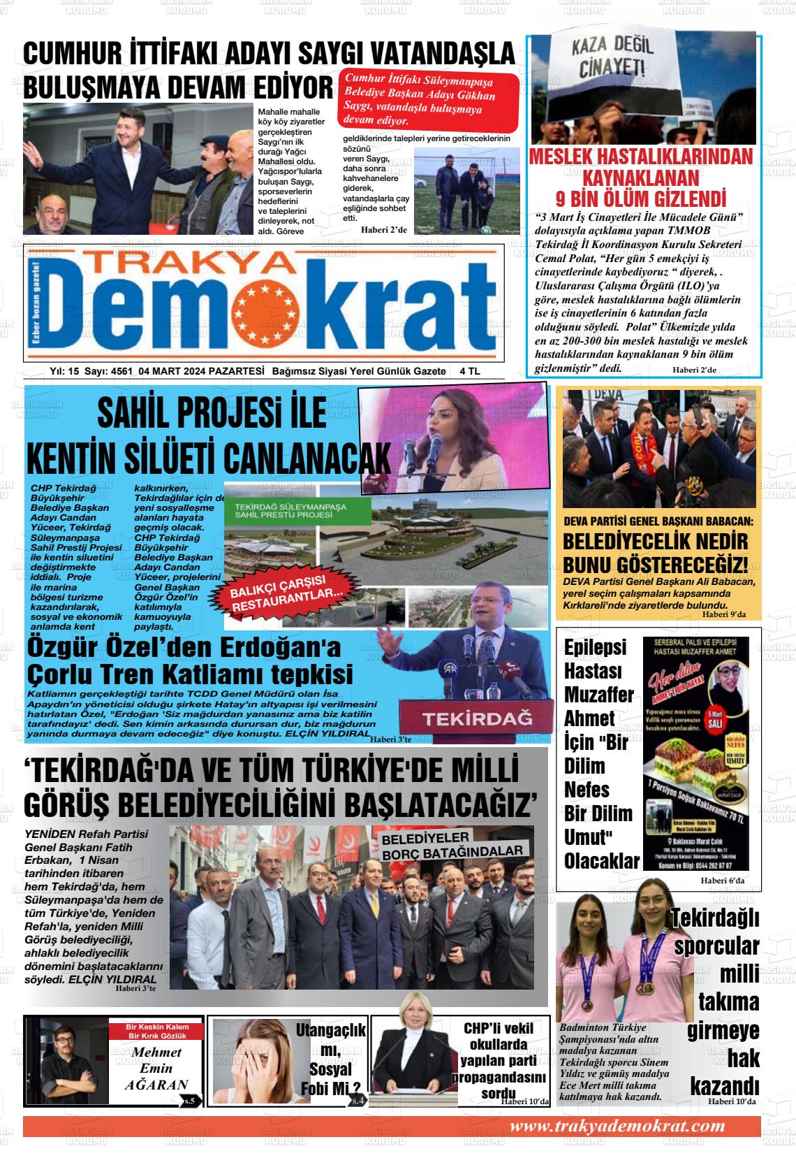 04 Mart 2024 Demokrat Trakya Gazete Manşeti