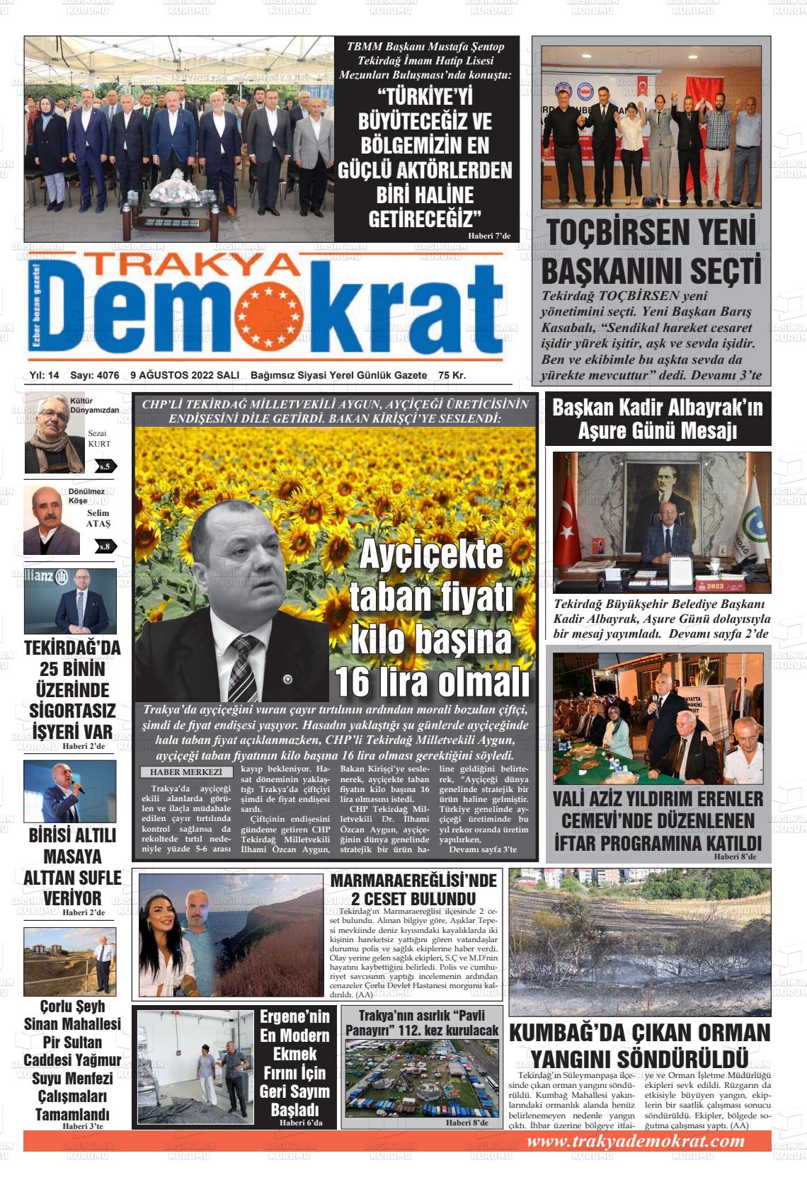 09 Ağustos 2022 Demokrat Trakya Gazete Manşeti
