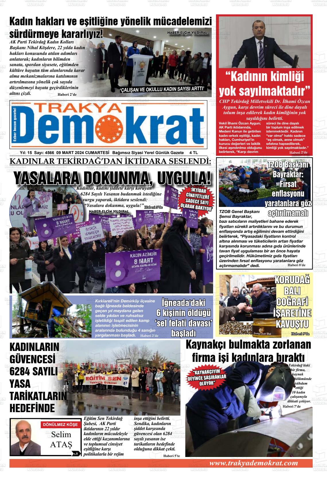 09 Mart 2024 Demokrat Trakya Gazete Manşeti