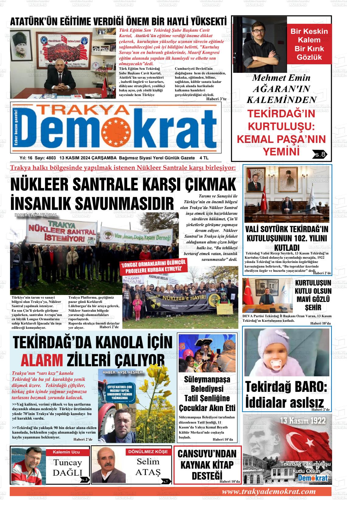 13 Kasım 2024 Demokrat Trakya Gazete Manşeti