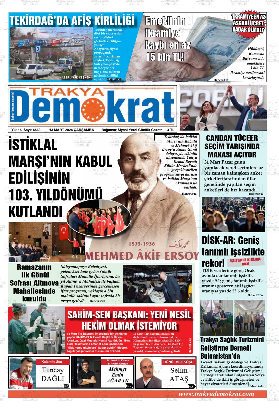 13 Mart 2024 Demokrat Trakya Gazete Manşeti