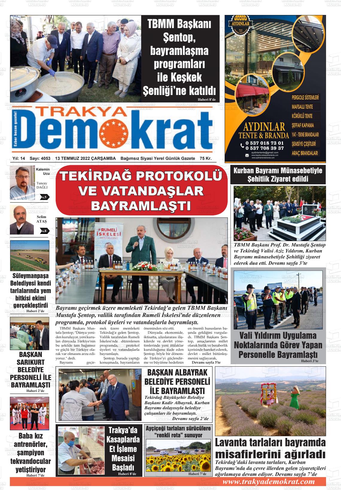 13 Temmuz 2022 Demokrat Trakya Gazete Manşeti