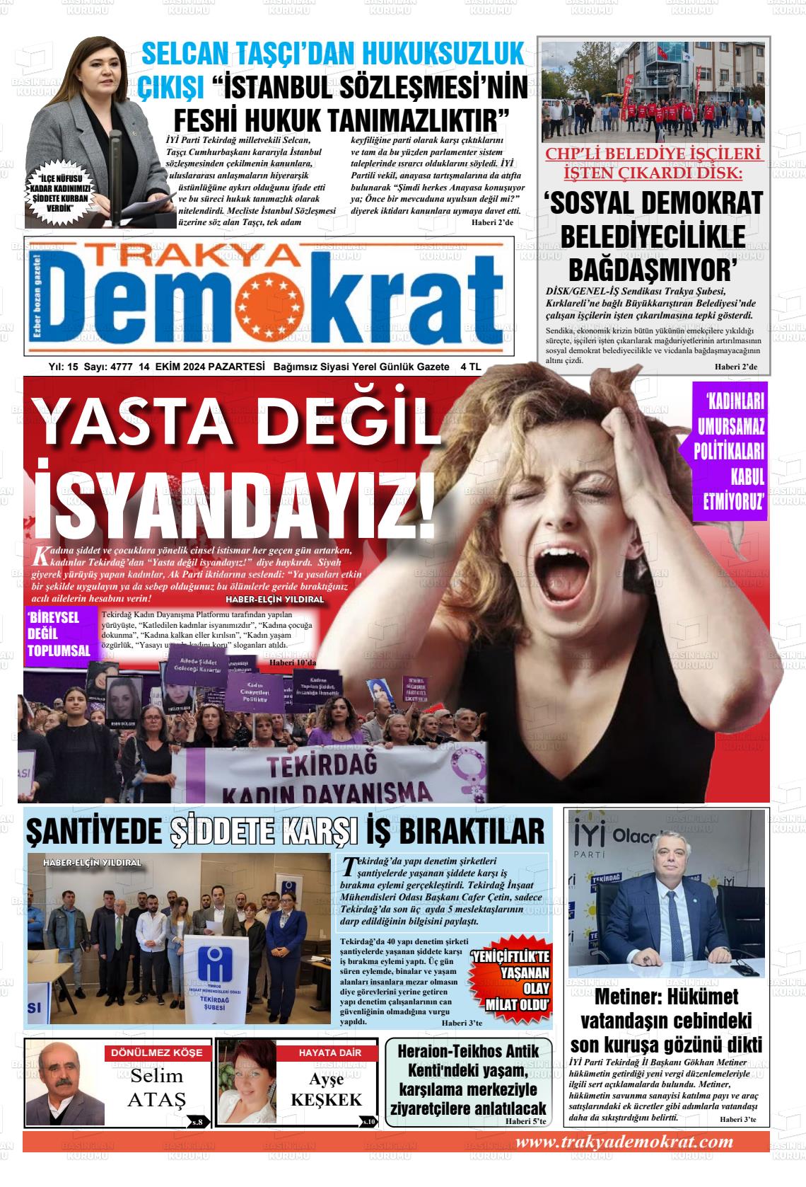 14 Ekim 2024 Demokrat Trakya Gazete Manşeti