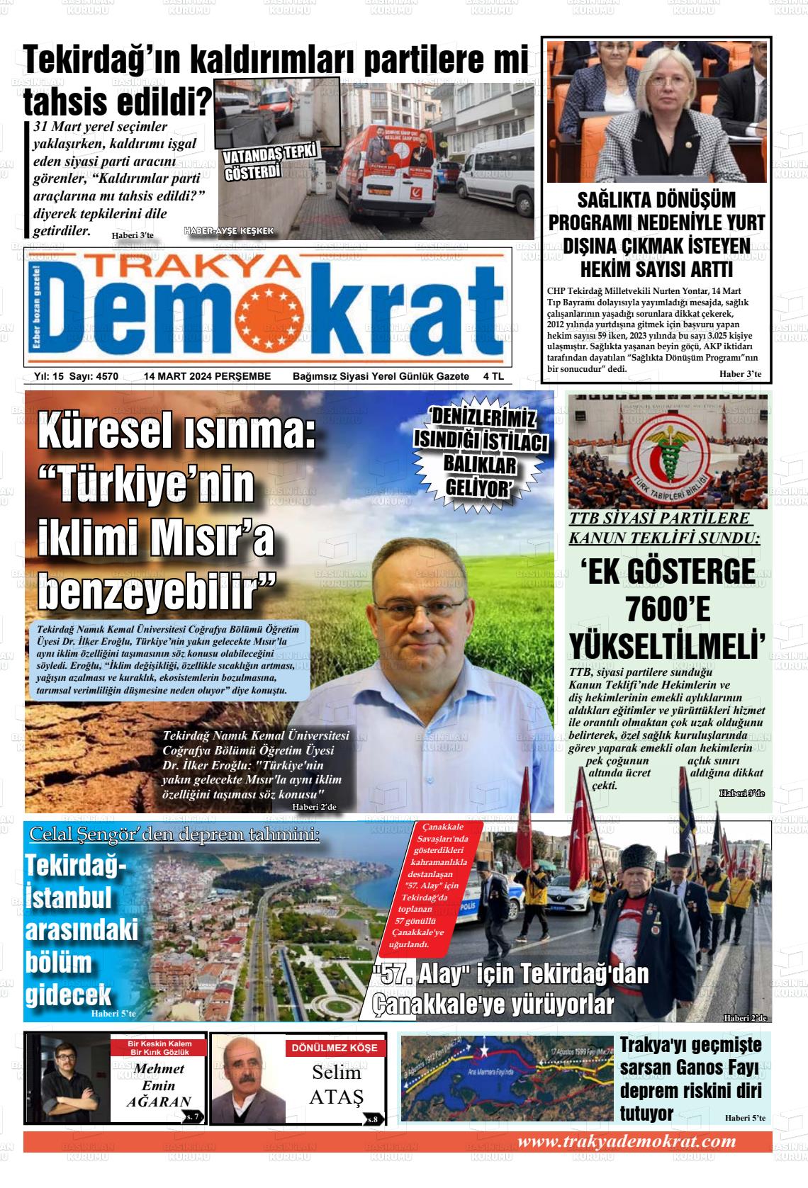 14 Mart 2024 Demokrat Trakya Gazete Manşeti