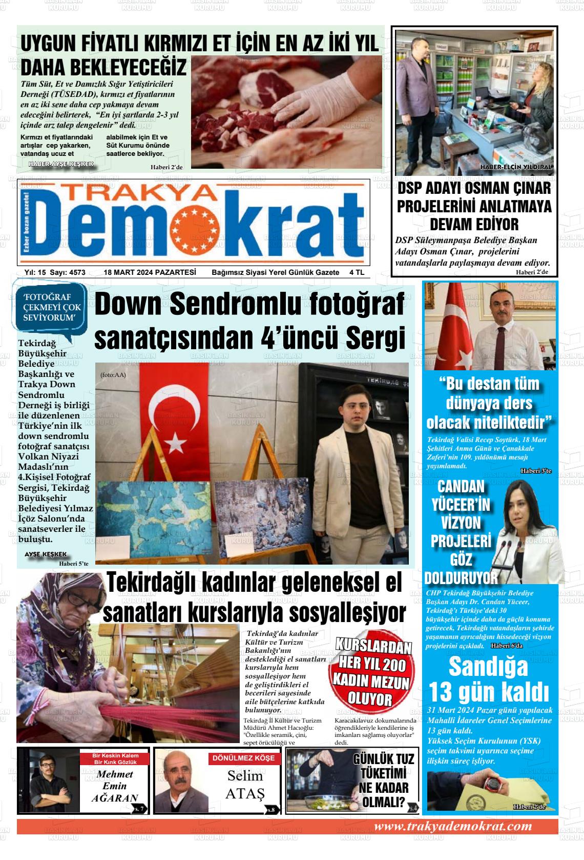 18 Mart 2024 Demokrat Trakya Gazete Manşeti