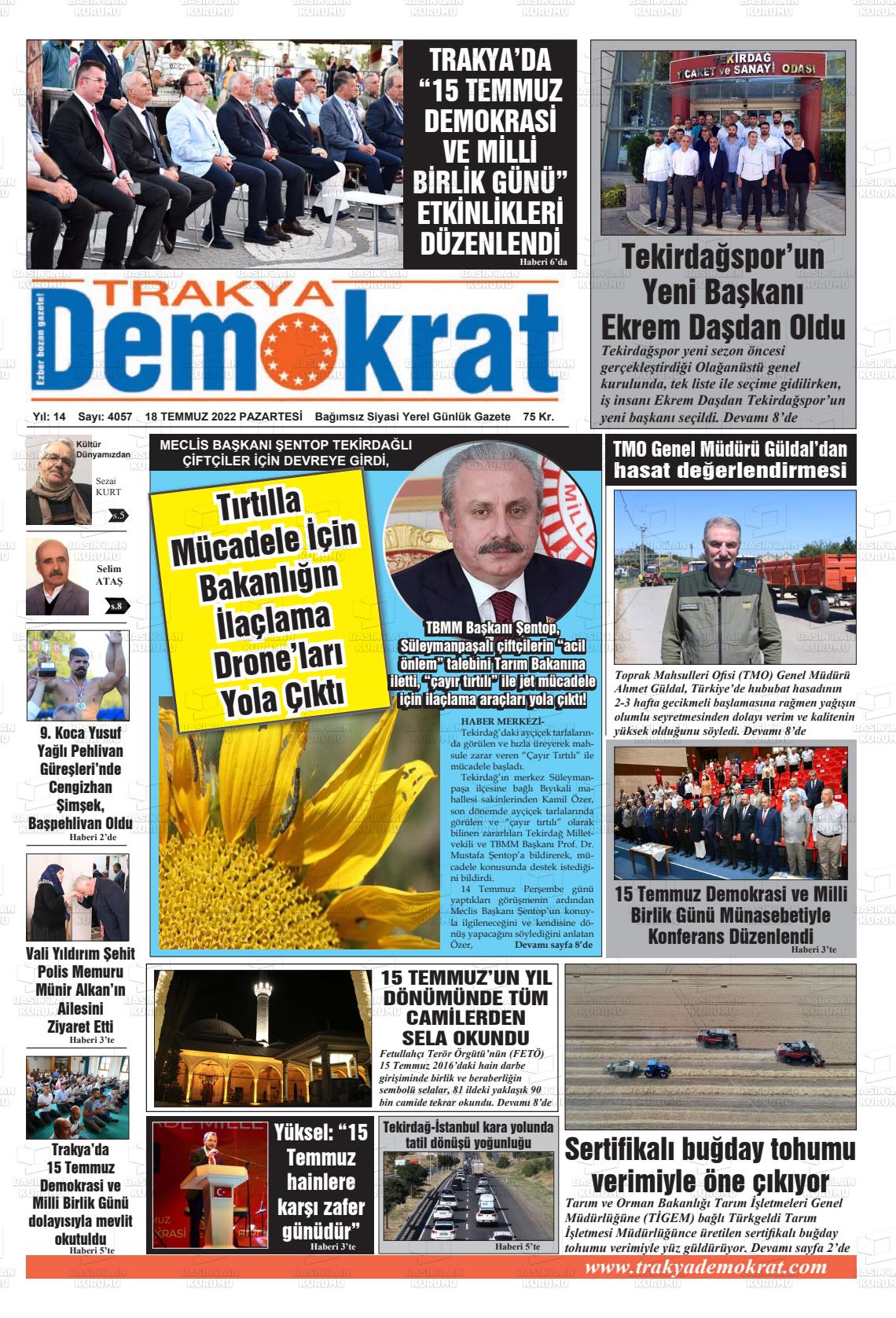 18 Temmuz 2022 Demokrat Trakya Gazete Manşeti