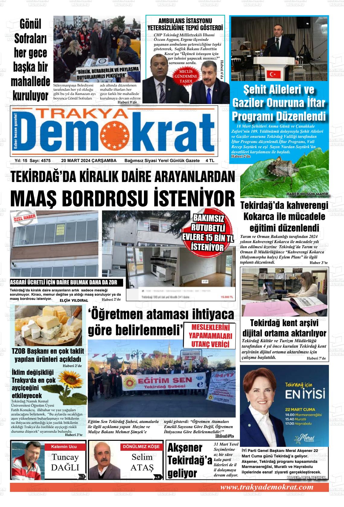 20 Mart 2024 Demokrat Trakya Gazete Manşeti