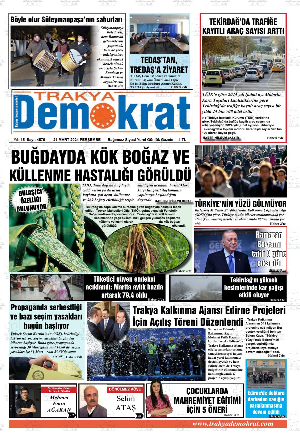 21 Mart 2024 Demokrat Trakya Gazete Manşeti