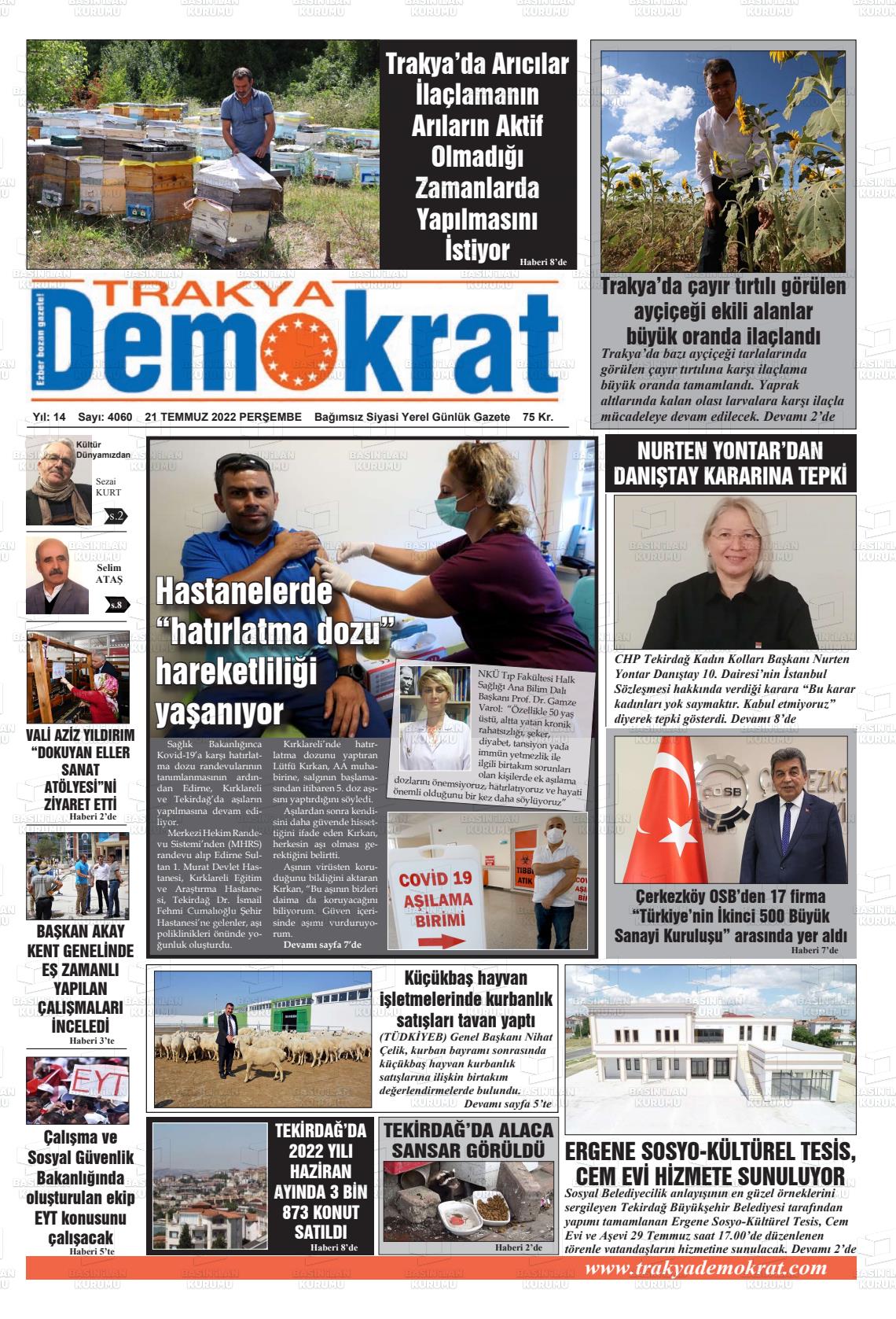 21 Temmuz 2022 Demokrat Trakya Gazete Manşeti