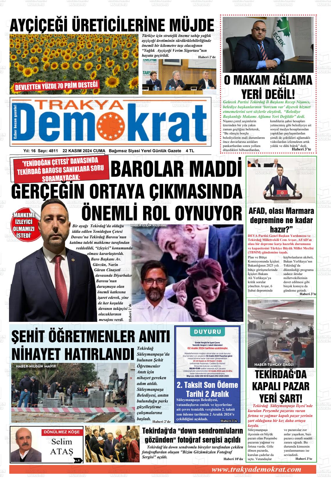 22 Kasım 2024 Demokrat Trakya Gazete Manşeti