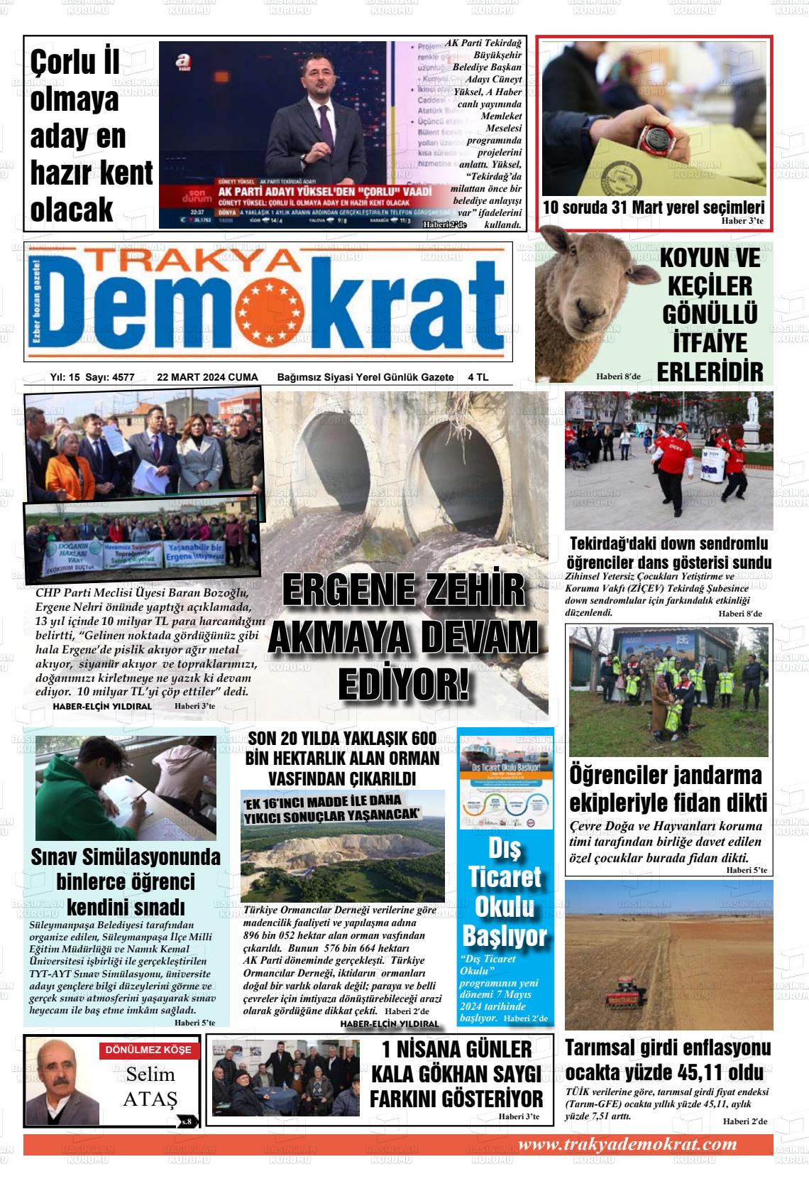 22 Mart 2024 Demokrat Trakya Gazete Manşeti