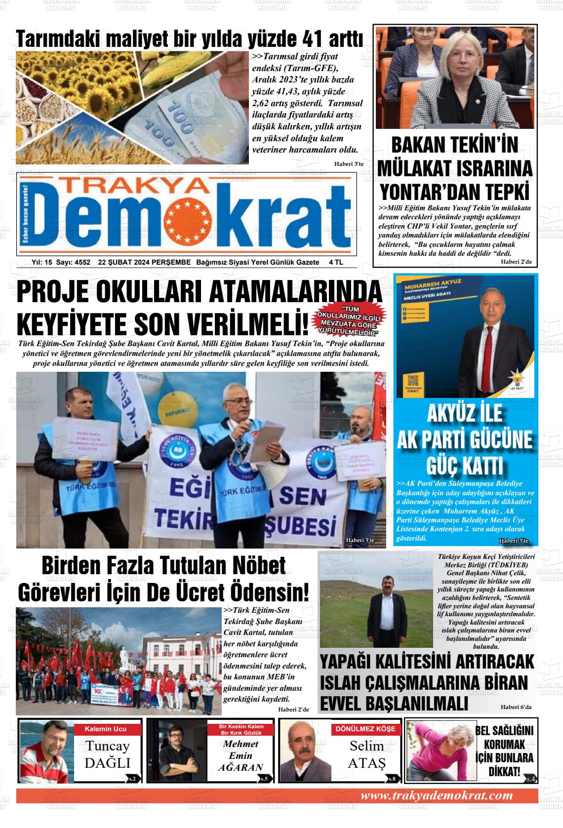 22 Şubat 2024 Demokrat Trakya Gazete Manşeti