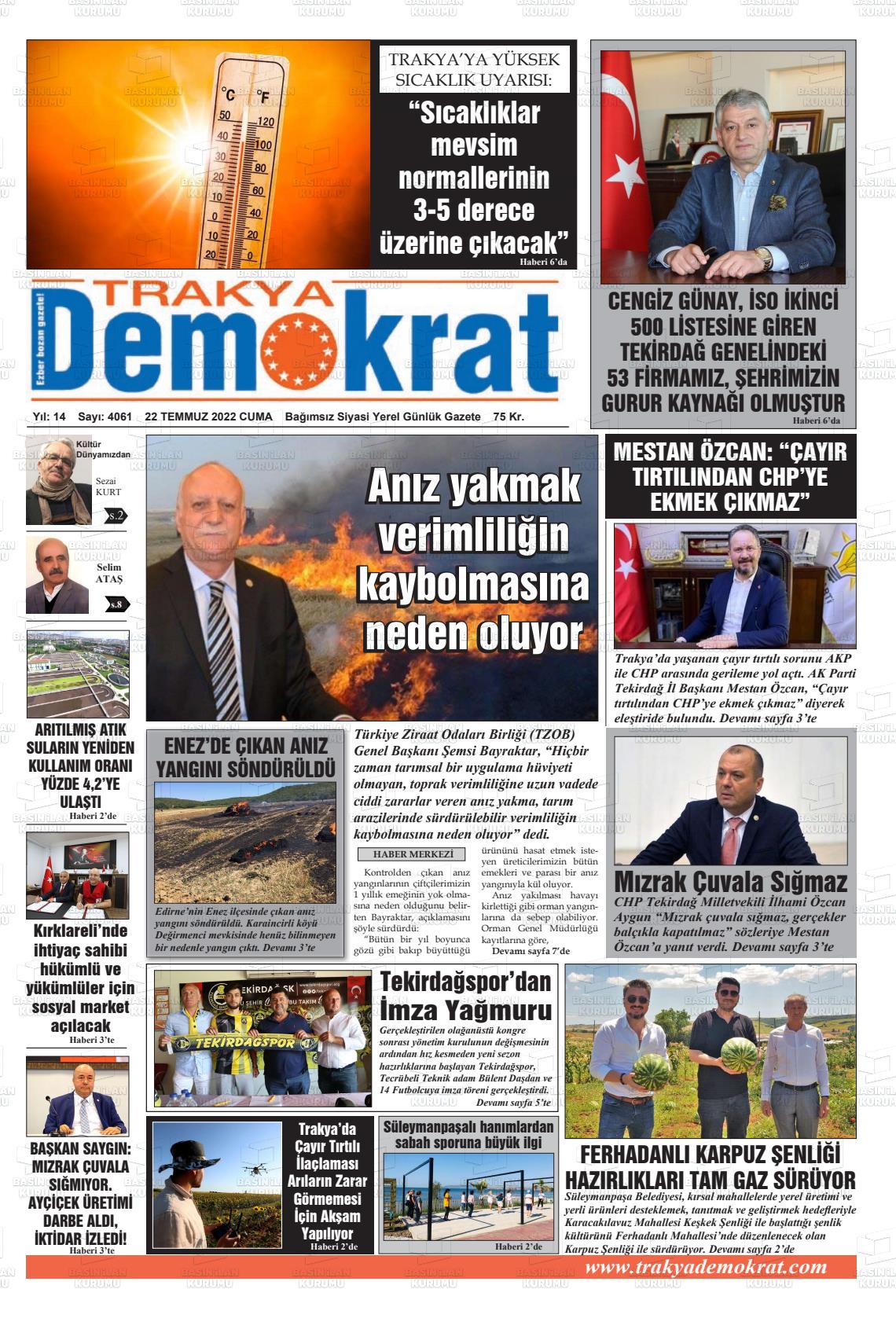 22 Temmuz 2022 Demokrat Trakya Gazete Manşeti