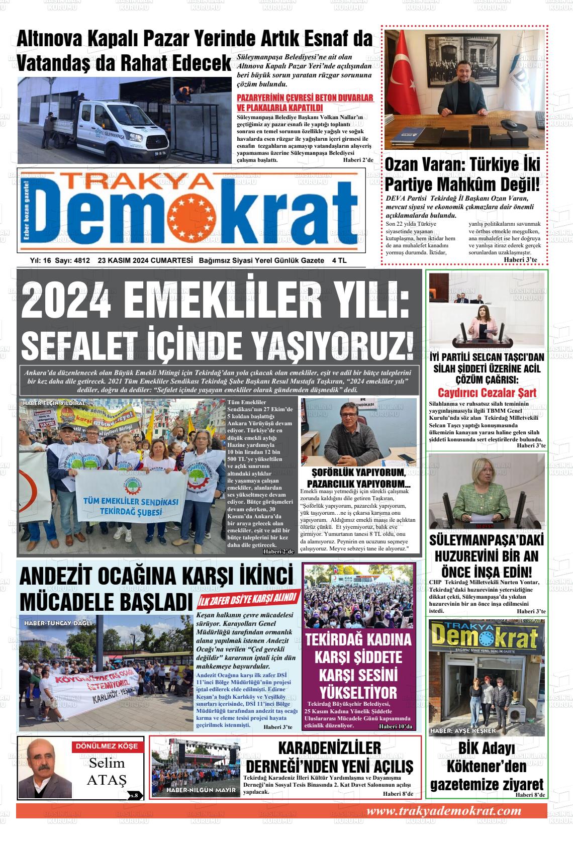 23 Kasım 2024 Demokrat Trakya Gazete Manşeti