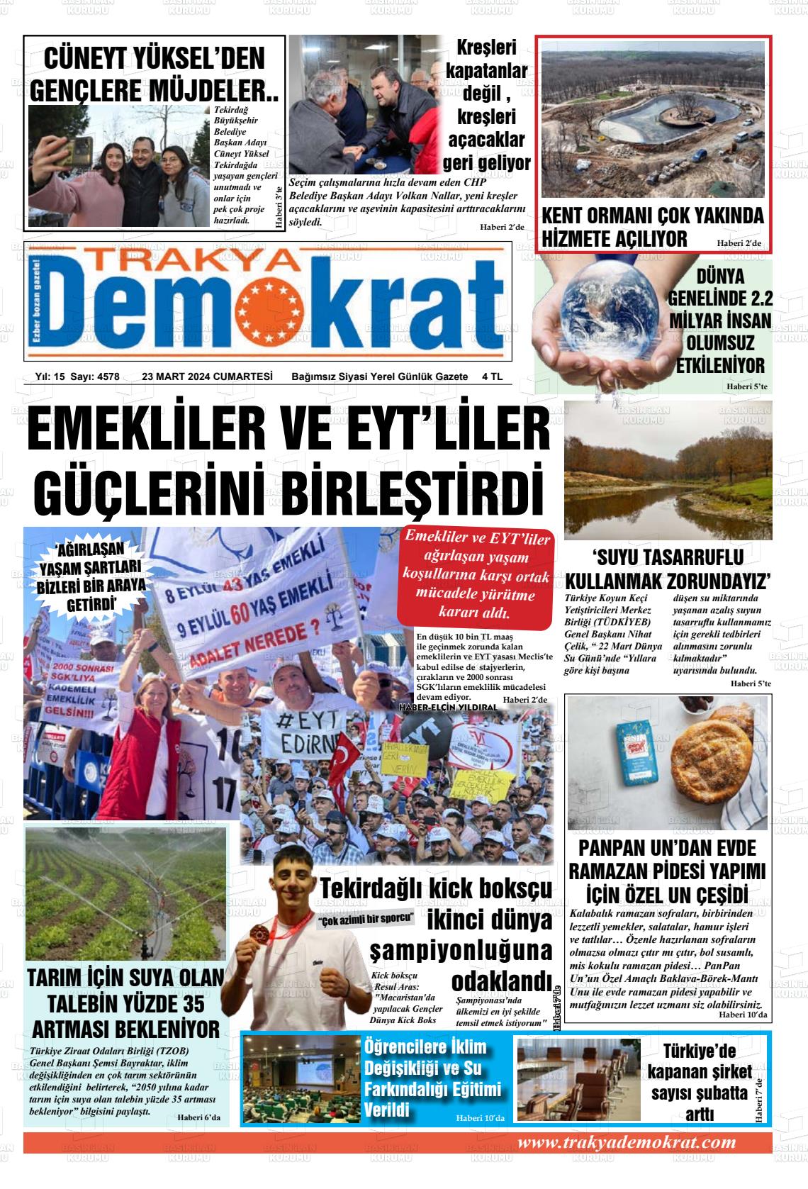 23 Mart 2024 Demokrat Trakya Gazete Manşeti