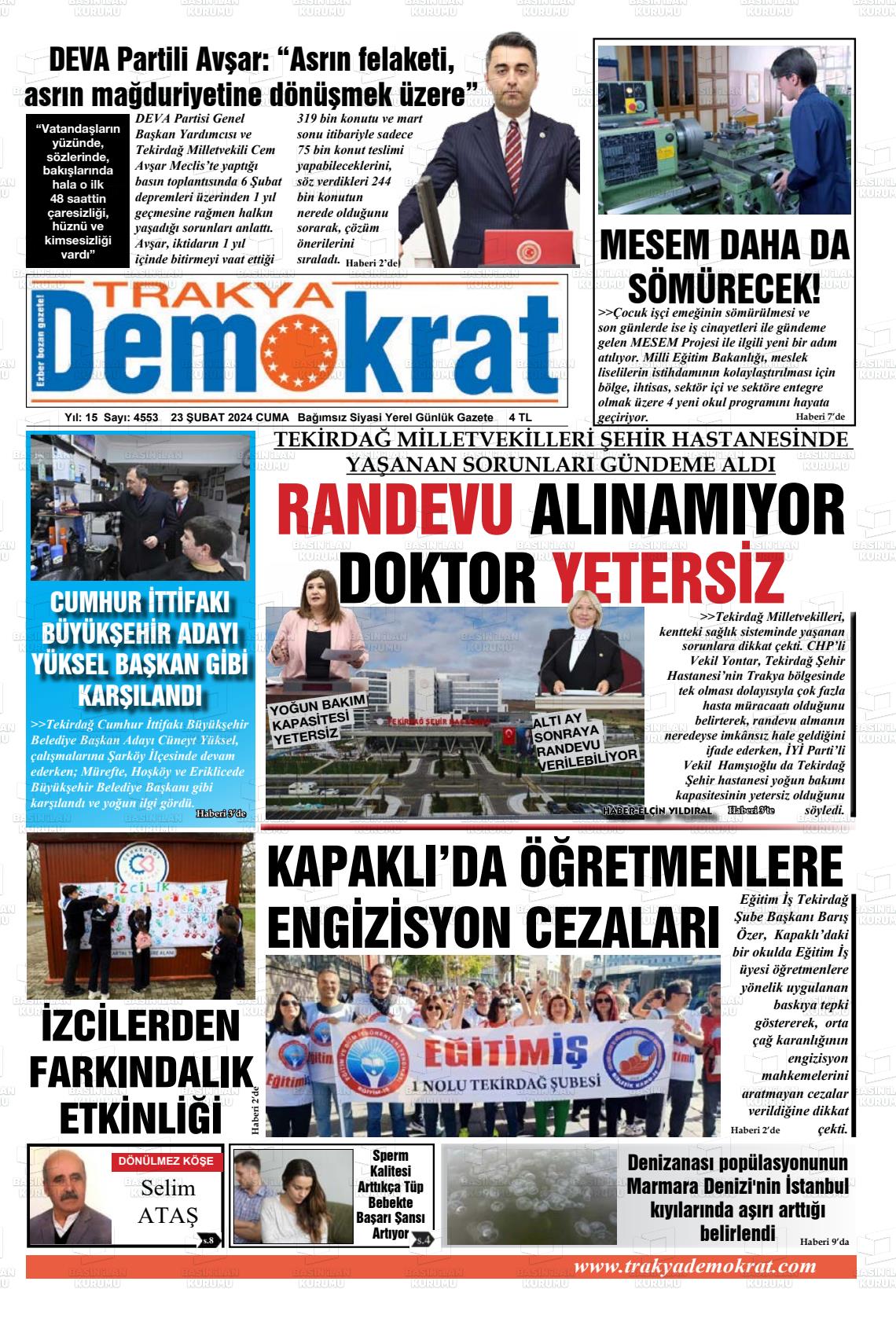 23 Şubat 2024 Demokrat Trakya Gazete Manşeti