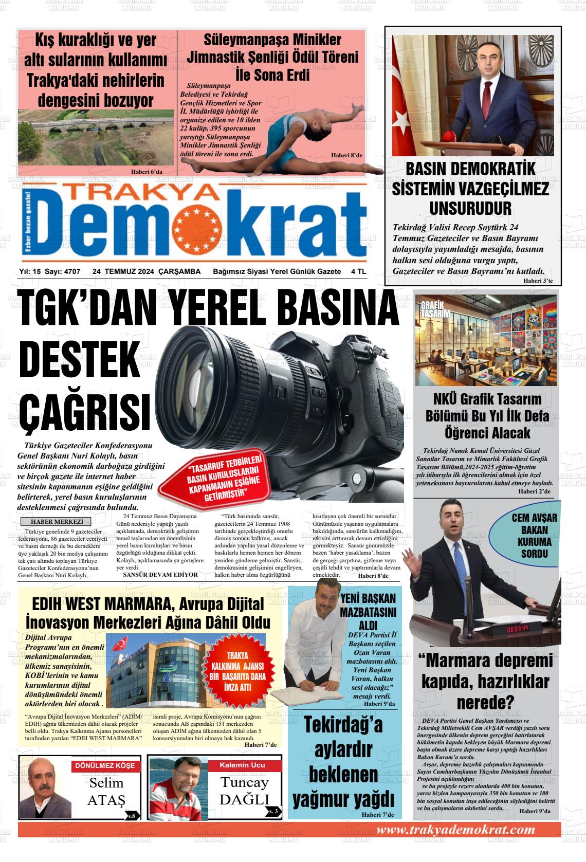 24 Temmuz 2024 Demokrat Trakya Gazete Manşeti