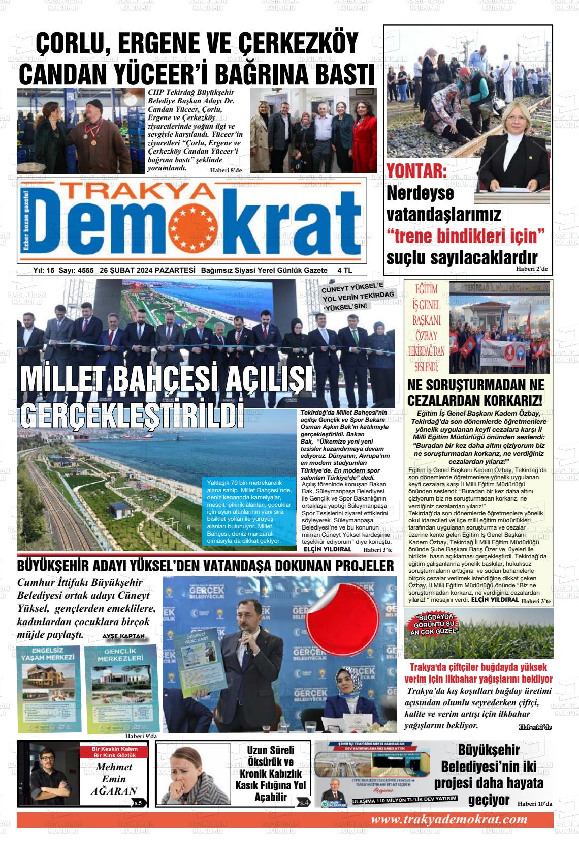 26 Şubat 2024 Demokrat Trakya Gazete Manşeti