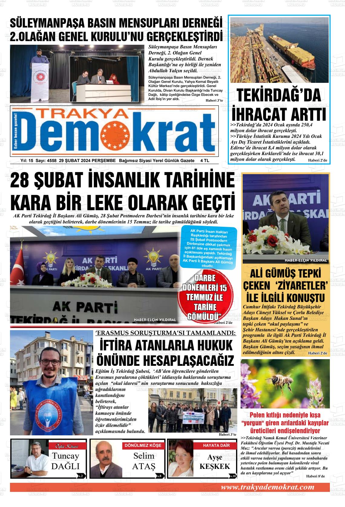 29 Şubat 2024 Demokrat Trakya Gazete Manşeti