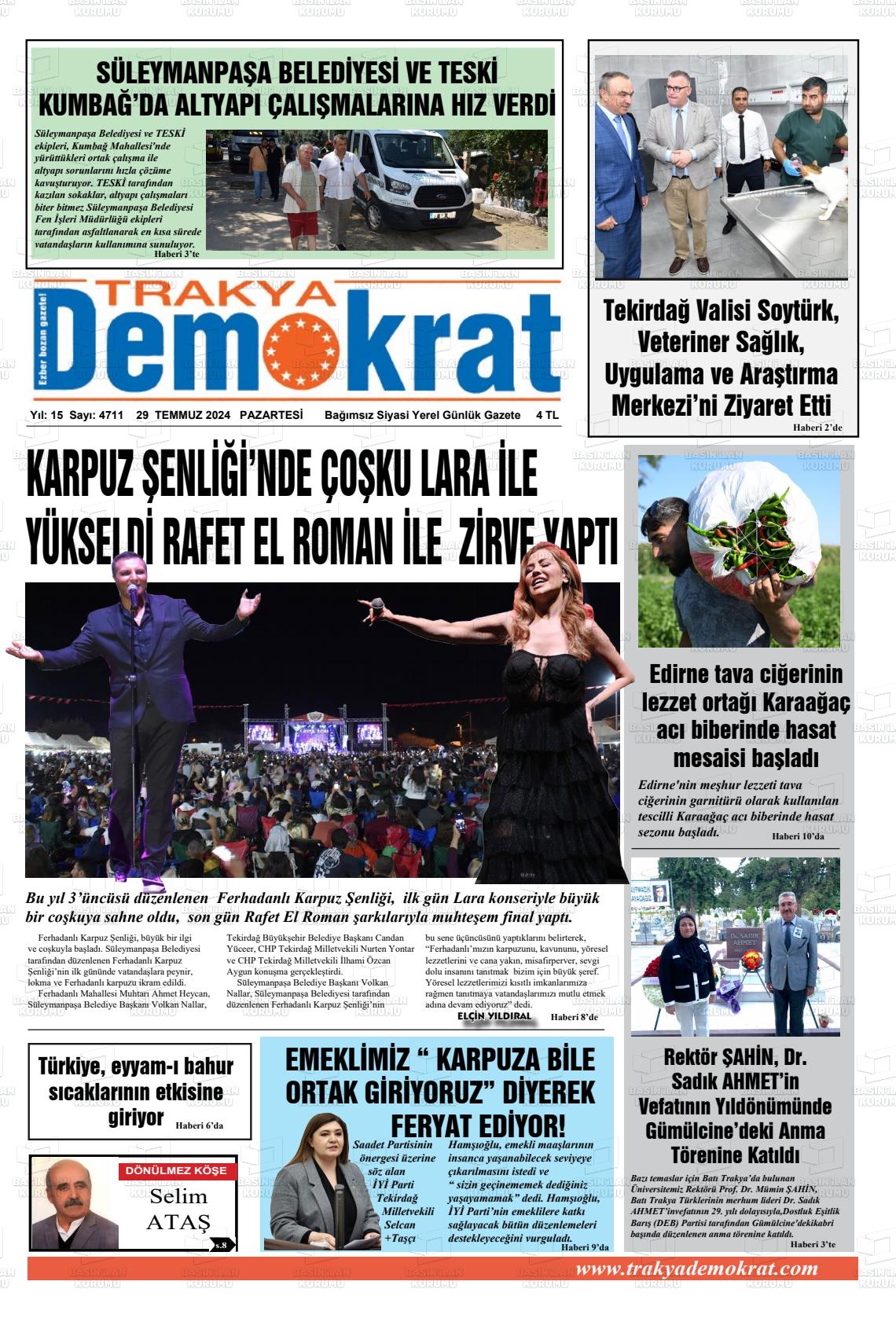 29 Temmuz 2024 Demokrat Trakya Gazete Manşeti