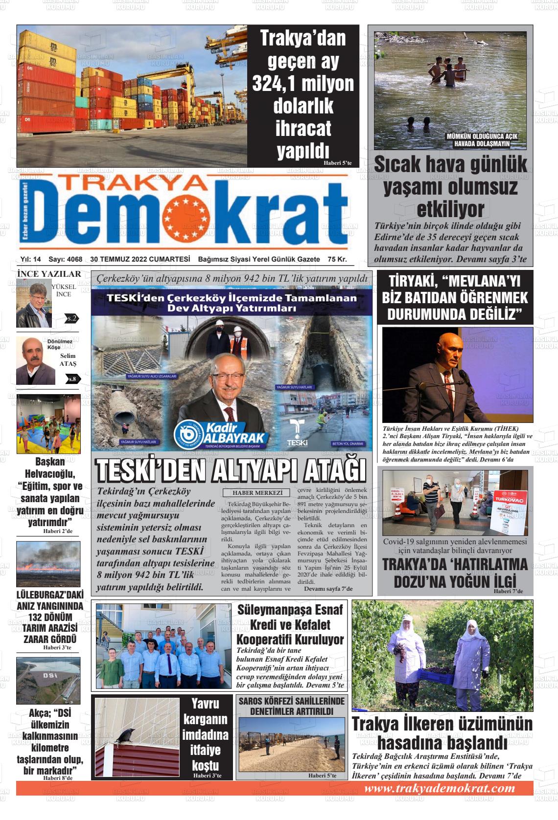 30 Temmuz 2022 Demokrat Trakya Gazete Manşeti