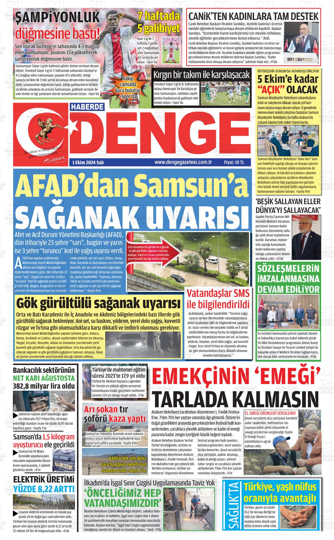 01 Ekim 2024 Samsun Denge Gazete Manşeti