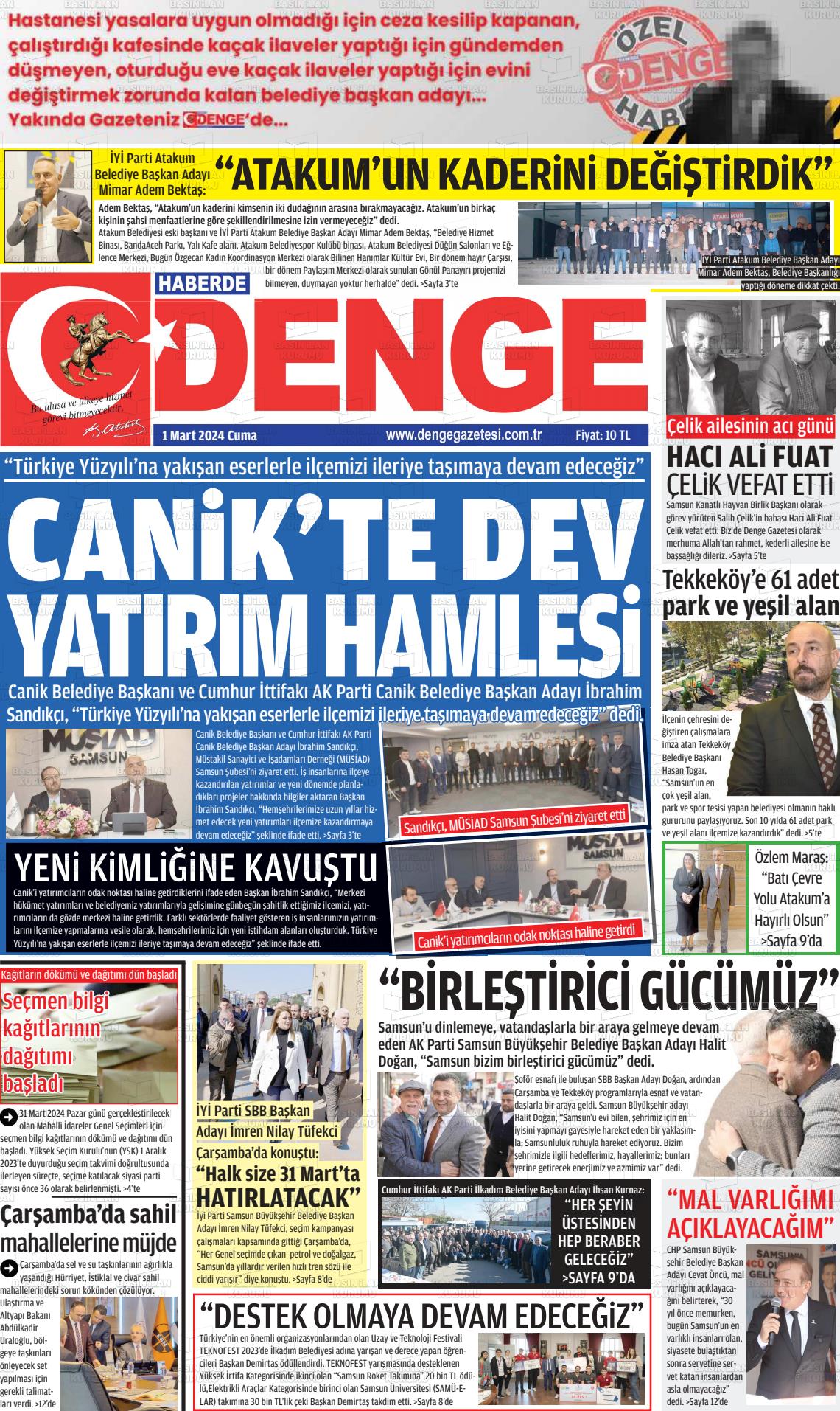 01 Mart 2024 Samsun Denge Gazete Manşeti