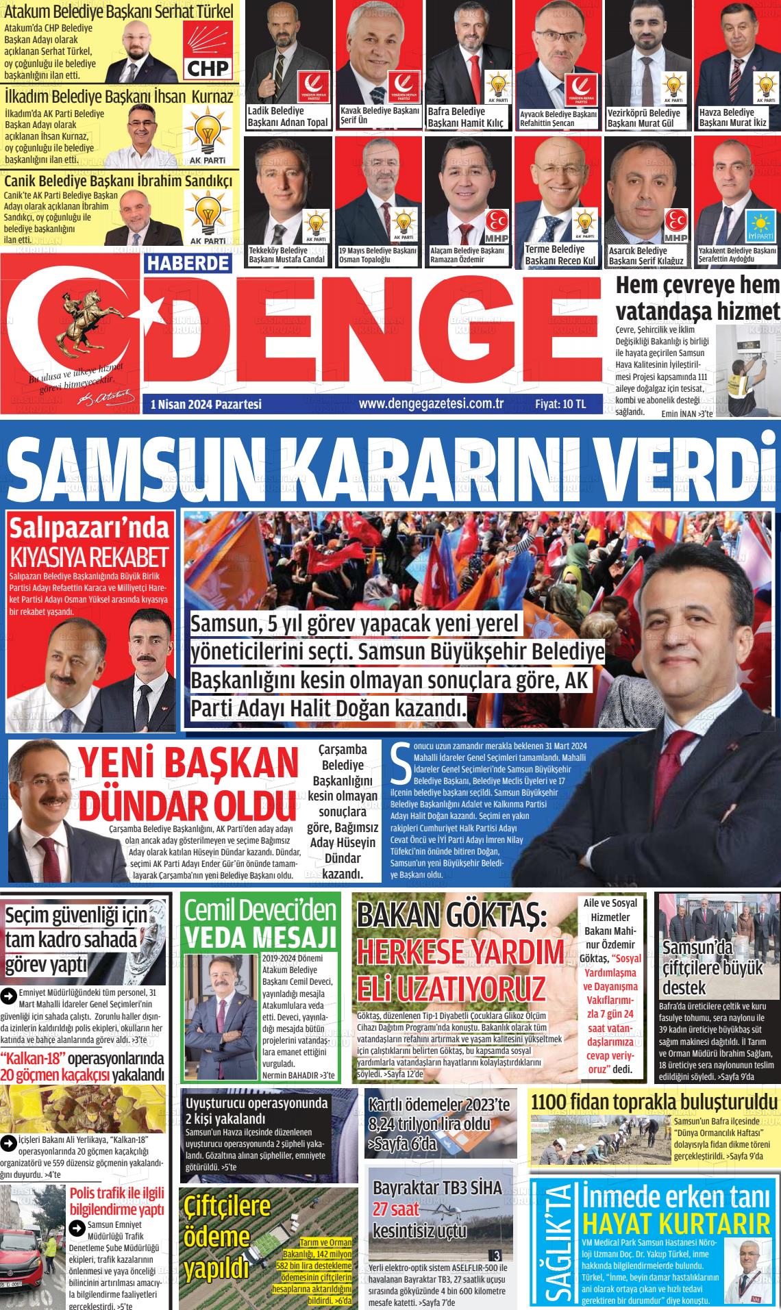 01 Nisan 2024 Samsun Denge Gazete Manşeti