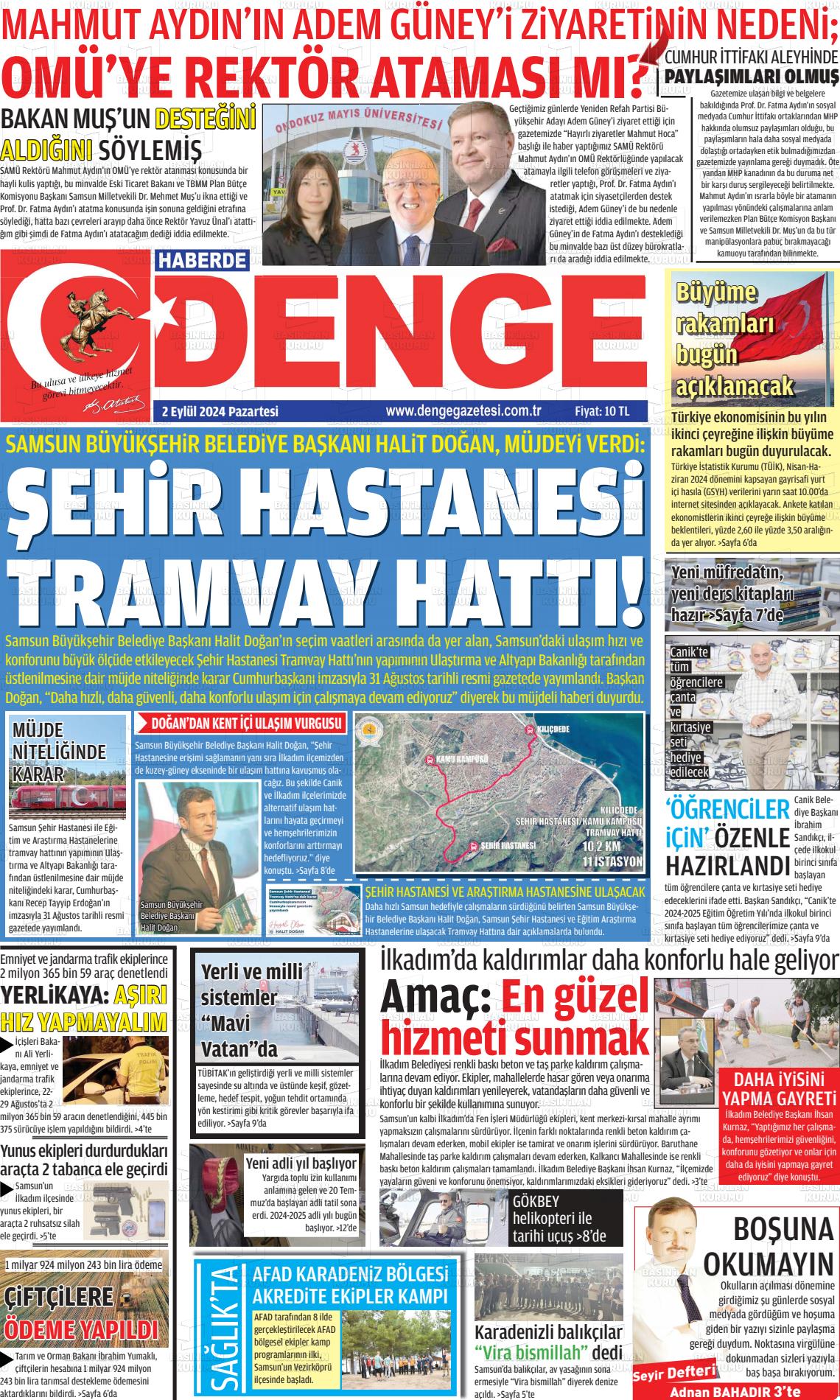 02 Eylül 2024 Samsun Denge Gazete Manşeti