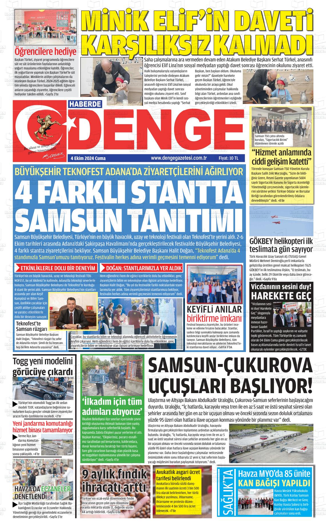 04 Ekim 2024 Samsun Denge Gazete Manşeti