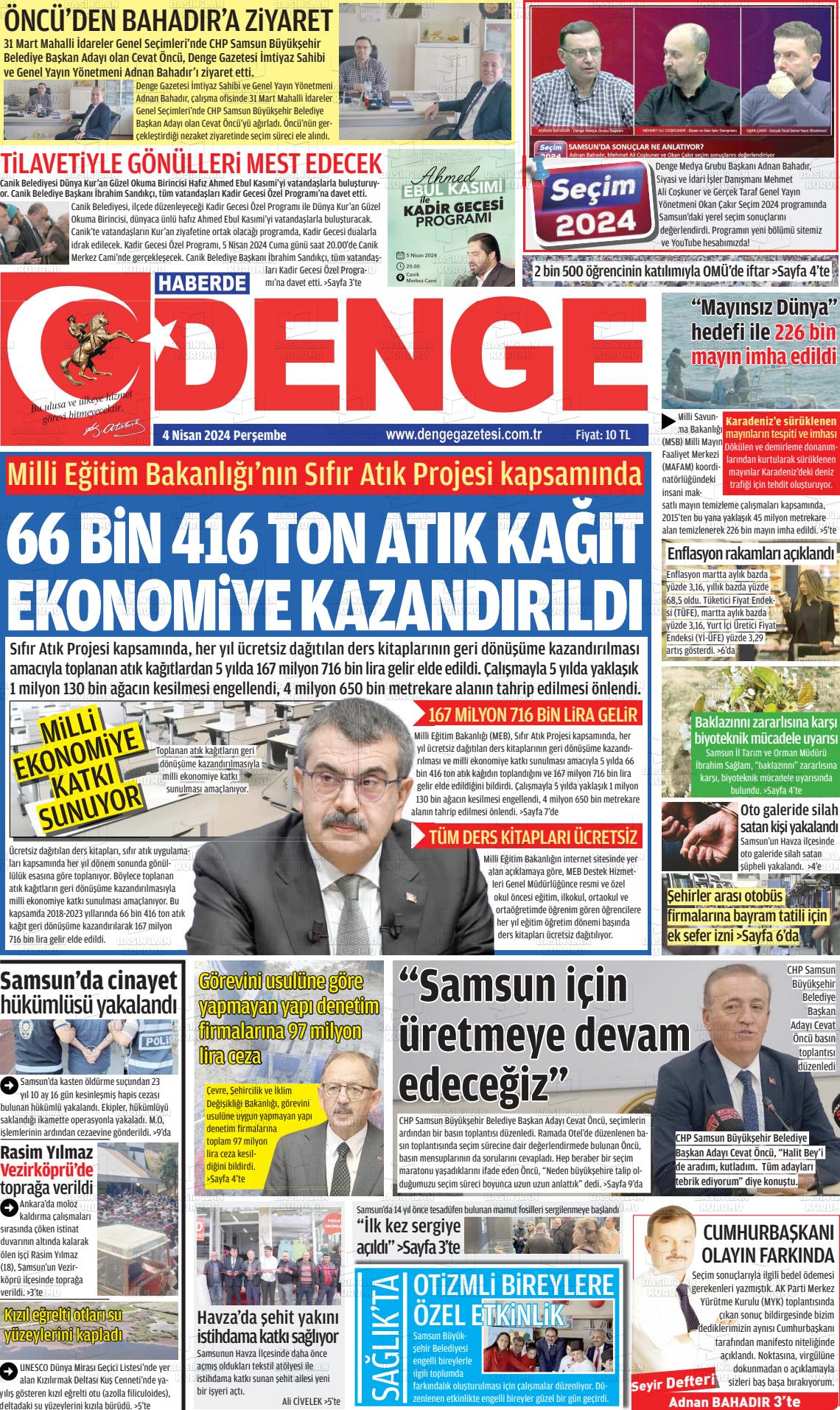 04 Nisan 2024 Samsun Denge Gazete Manşeti