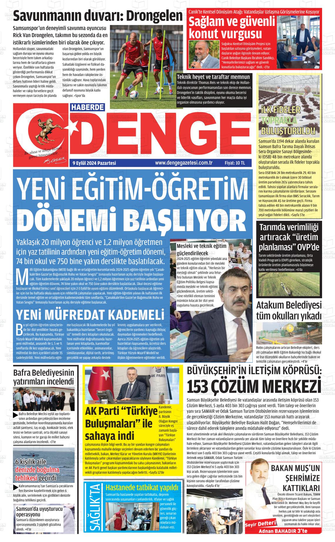 09 Eylül 2024 Samsun Denge Gazete Manşeti